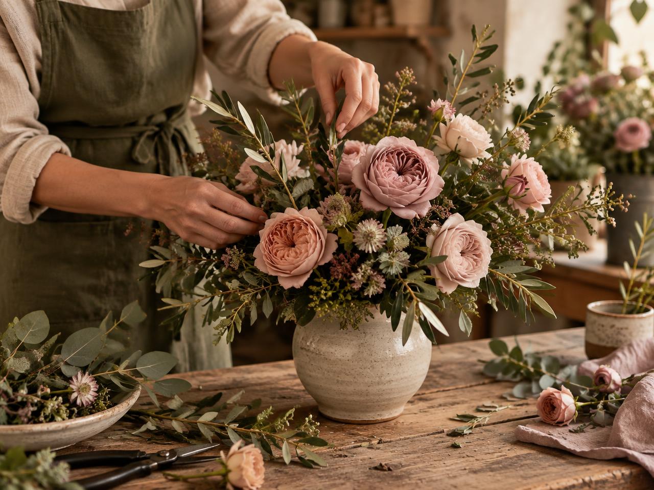 Blomsterbinder arrangerer roser i vase